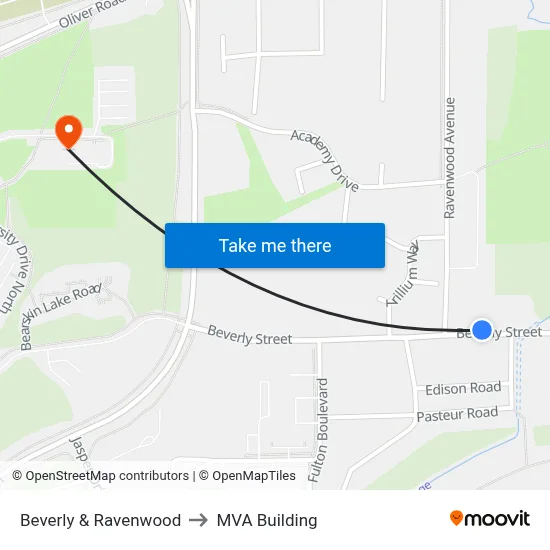 Beverly & Ravenwood to MVA Building map