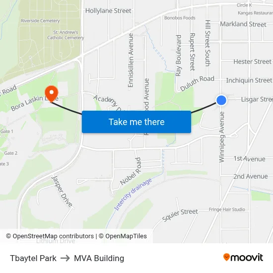 Tbaytel Park to MVA Building map