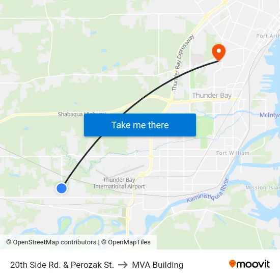 20th Side Rd. & Perozak St. to MVA Building map