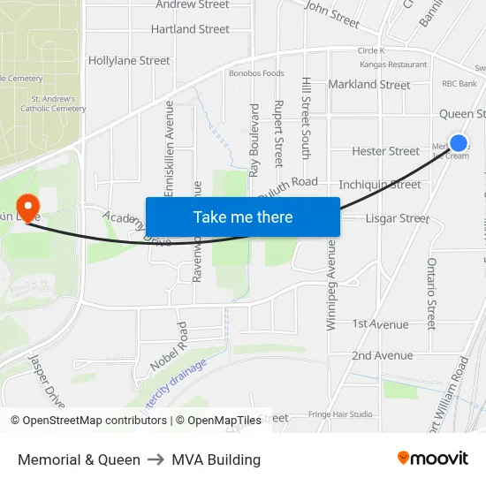 Memorial & Queen to MVA Building map