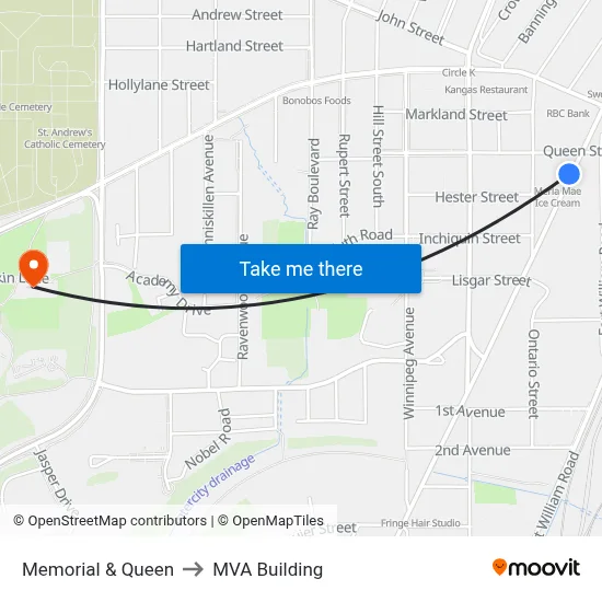 Memorial & Queen to MVA Building map