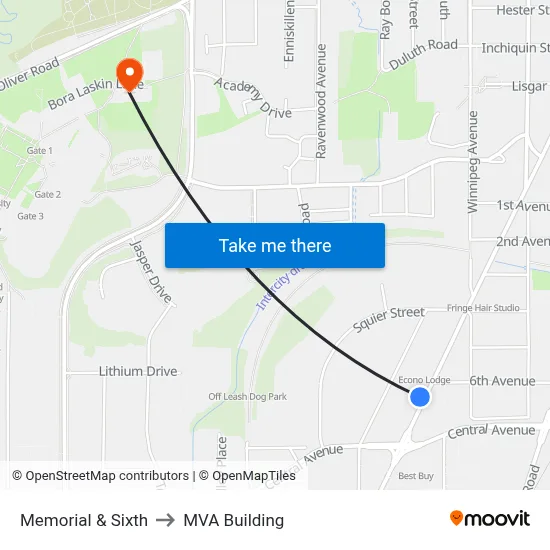 Memorial & Sixth to MVA Building map