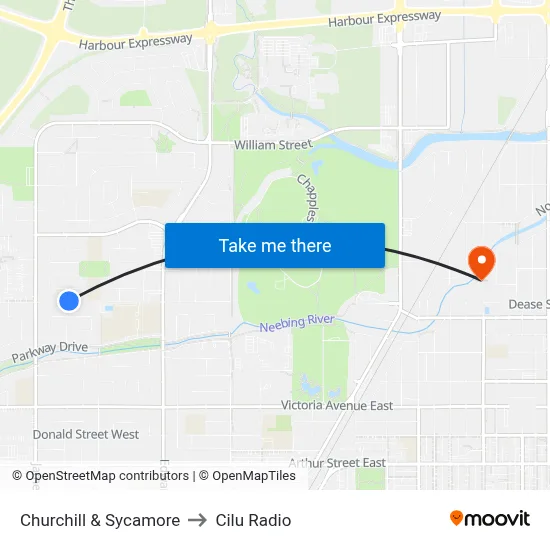 Churchill & Sycamore to Cilu Radio map