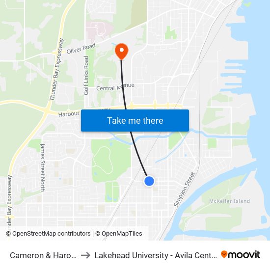 Cameron & Harold to Lakehead University - Avila Centre map