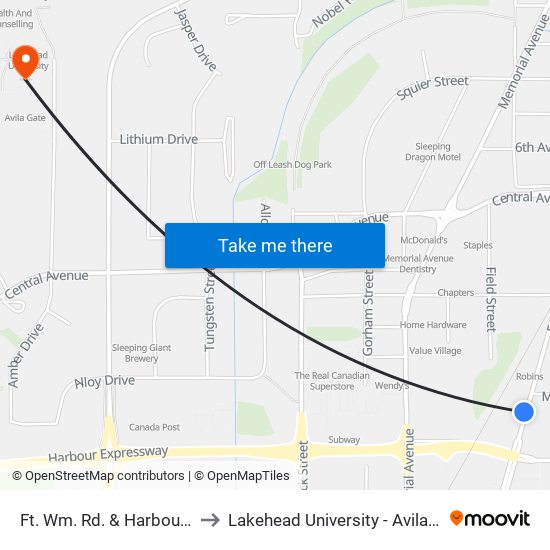 Ft. Wm. Rd. & Harbour Expy to Lakehead University - Avila Centre map