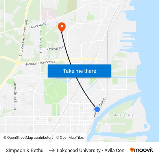 Simpson & Bethune to Lakehead University - Avila Centre map