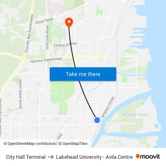 City Hall Terminal to Lakehead University - Avila Centre map