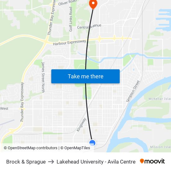 Brock & Sprague to Lakehead University - Avila Centre map