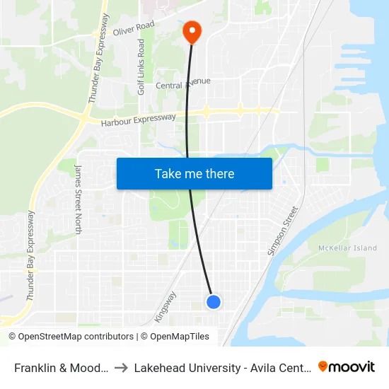 Franklin & Moodie to Lakehead University - Avila Centre map
