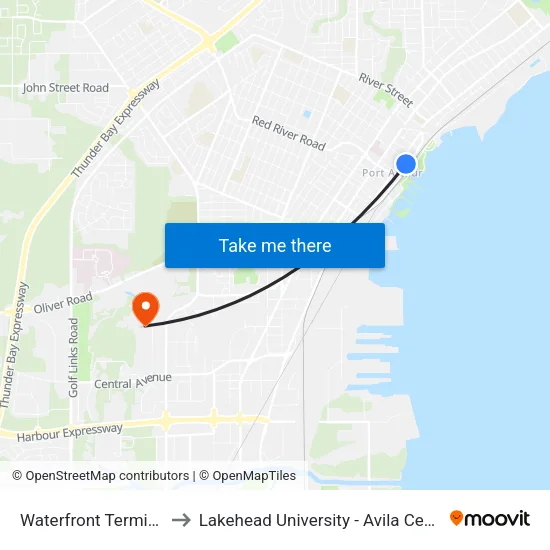 Waterfront Terminal to Lakehead University - Avila Centre map