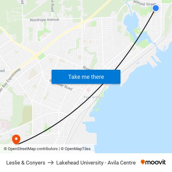 Leslie & Conyers to Lakehead University - Avila Centre map
