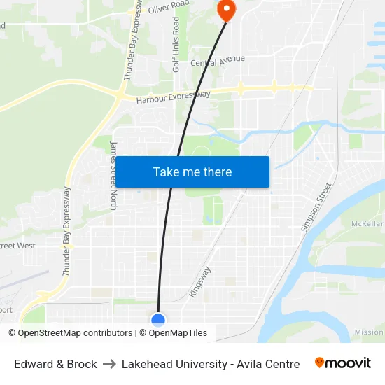 Edward & Brock to Lakehead University - Avila Centre map