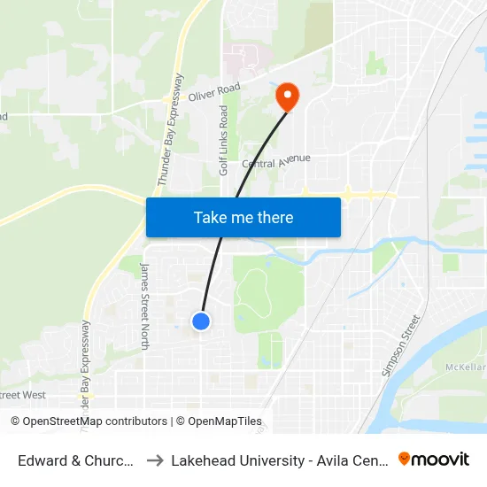 Edward & Churchill to Lakehead University - Avila Centre map