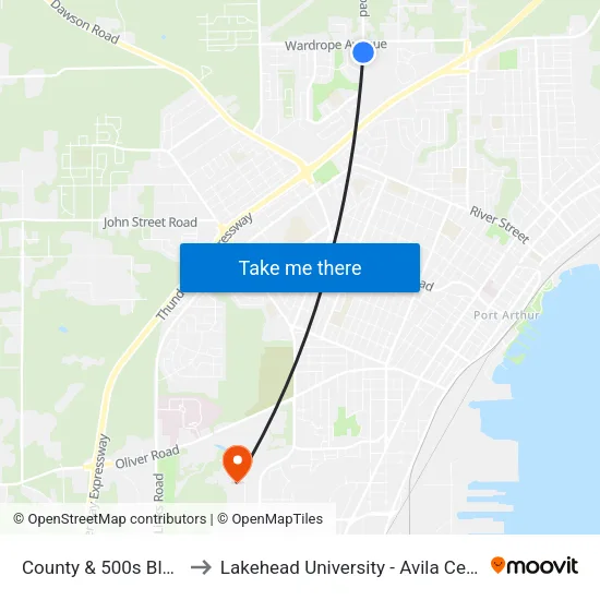 County & 500s Block to Lakehead University - Avila Centre map