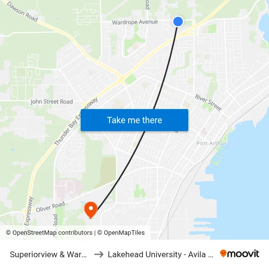 Superiorview & Wardrope to Lakehead University - Avila Centre map