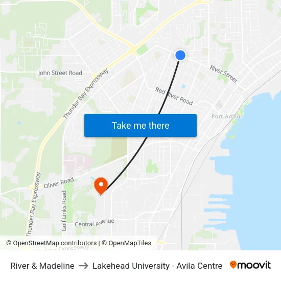 River & Madeline to Lakehead University - Avila Centre map