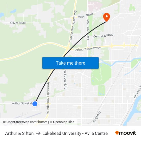 Arthur & Sifton to Lakehead University - Avila Centre map