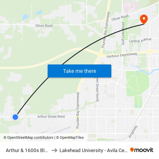 Arthur & 1600s Block to Lakehead University - Avila Centre map
