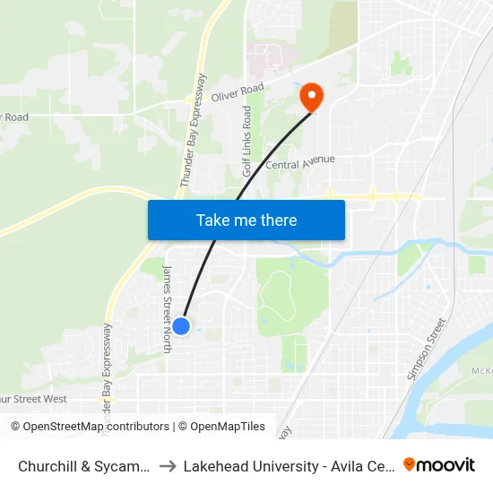Churchill & Sycamore to Lakehead University - Avila Centre map