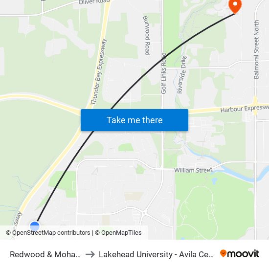Redwood & Mohawk to Lakehead University - Avila Centre map