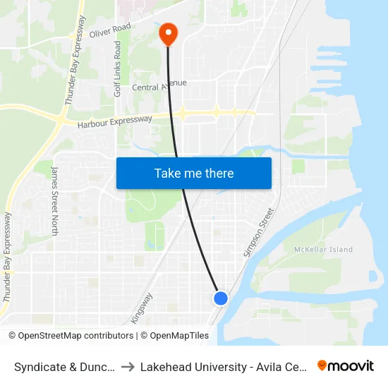 Syndicate & Duncan to Lakehead University - Avila Centre map