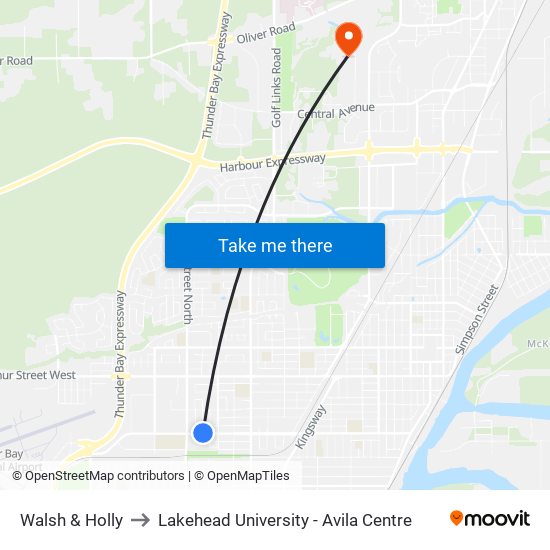 Walsh & Holly to Lakehead University - Avila Centre map