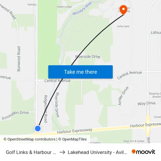 Golf Links & Harbour Xpress to Lakehead University - Avila Centre map