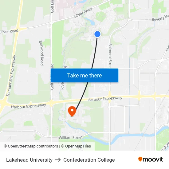 Lakehead University to Confederation College map
