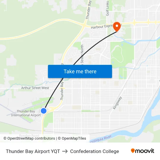 Thunder Bay Airport YQT to Confederation College map
