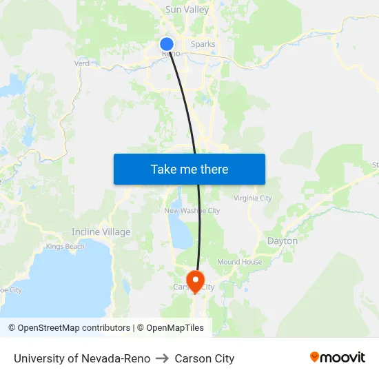 University of Nevada-Reno to Carson City map
