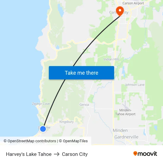 Harvey's Lake Tahoe to Carson City map