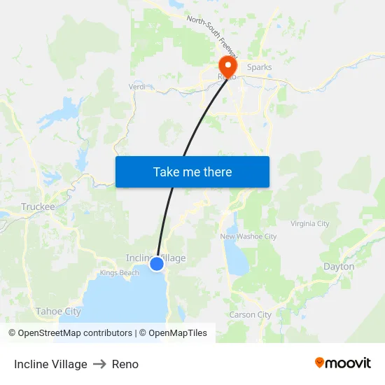 Incline Village to Reno map