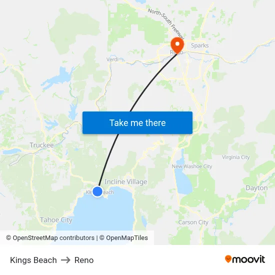 Kings Beach to Reno map