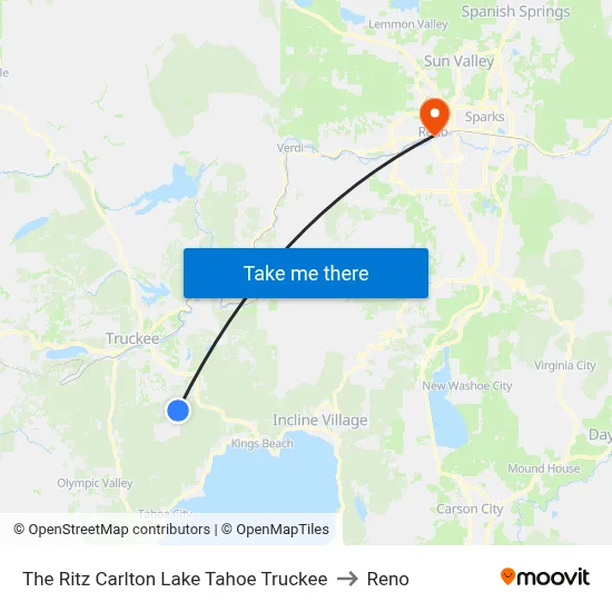 The Ritz Carlton Lake Tahoe Truckee to Reno map