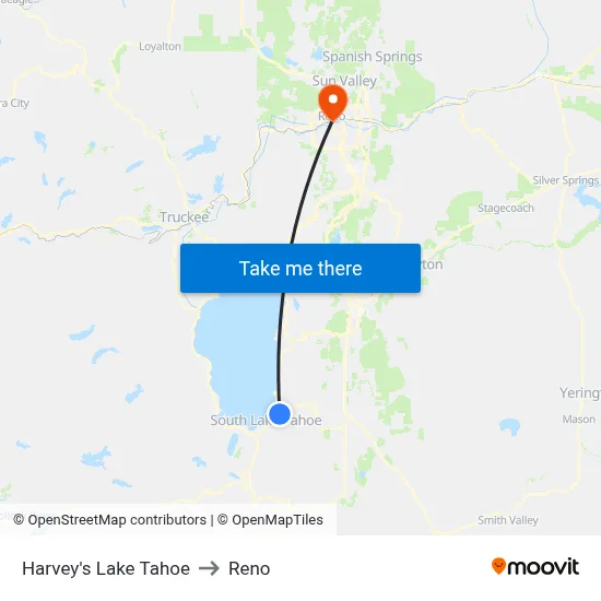 Harvey's Lake Tahoe to Reno map