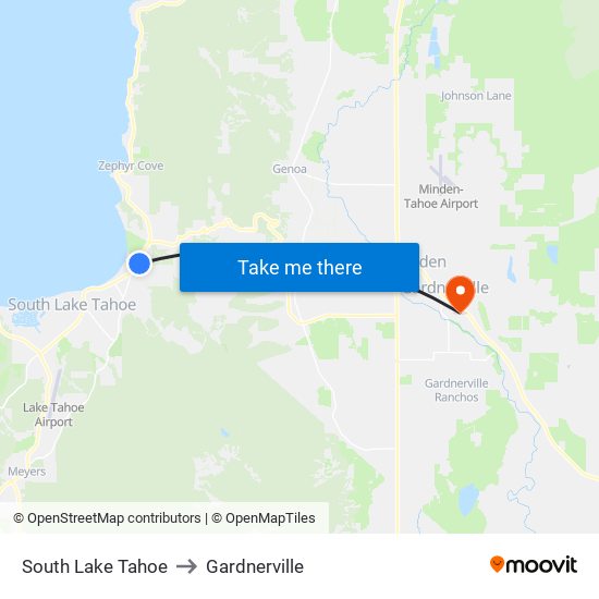 South Lake Tahoe to Gardnerville map