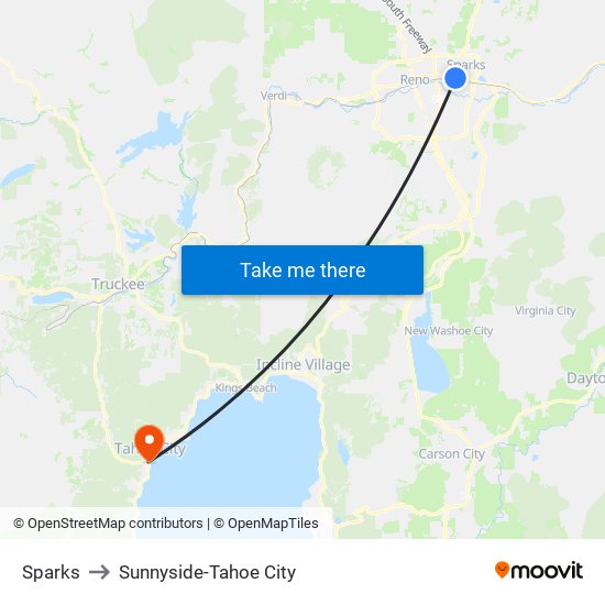 Sparks to Sunnyside-Tahoe City map