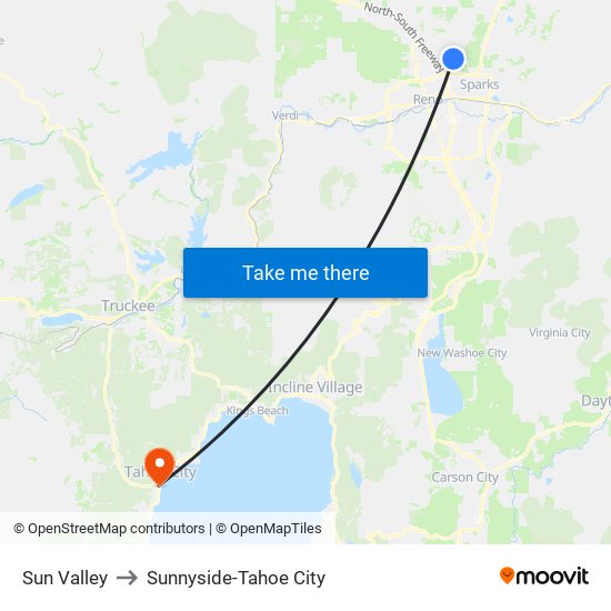 Sun Valley to Sunnyside-Tahoe City map