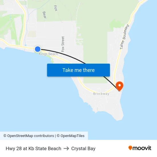 Hwy 28 at Kb State Beach to Crystal Bay map