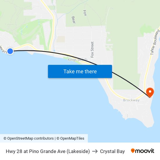 Hwy 28 at Pino Grande Ave (Lakeside) to Crystal Bay map