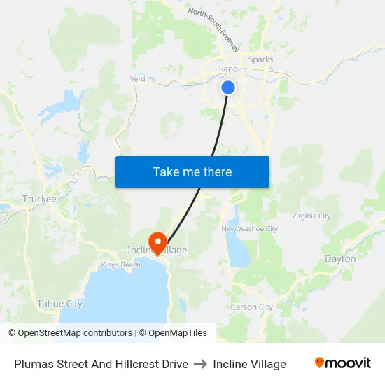 Plumas Street And Hillcrest Drive to Incline Village map