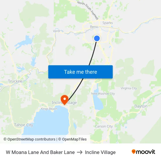 W Moana Lane And Baker Lane to Incline Village map