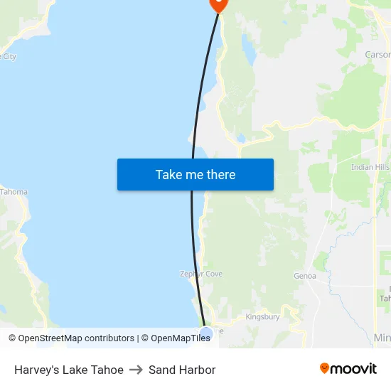 Harvey's Lake Tahoe to Sand Harbor map