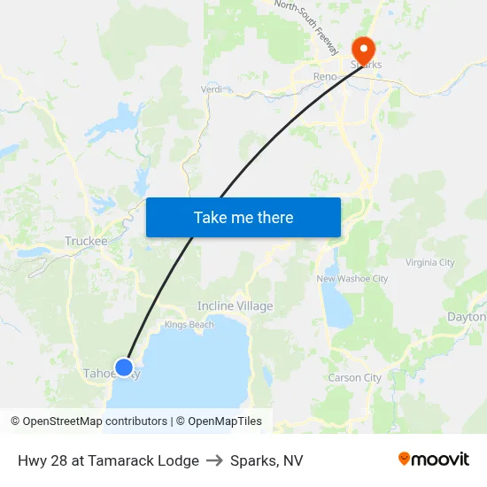 Hwy 28 at Tamarack Lodge to Sparks, NV map