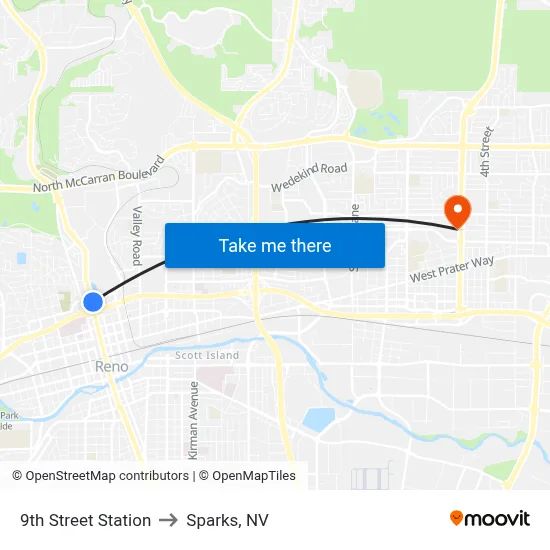 9th Street Station to Sparks, NV map