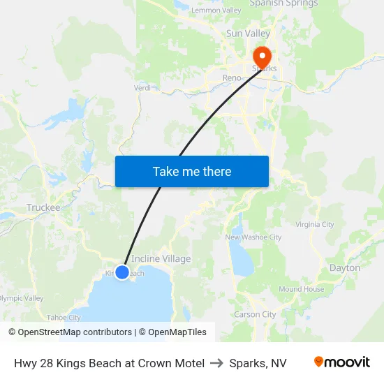 Hwy 28 Kings Beach at Crown Motel to Sparks, NV map