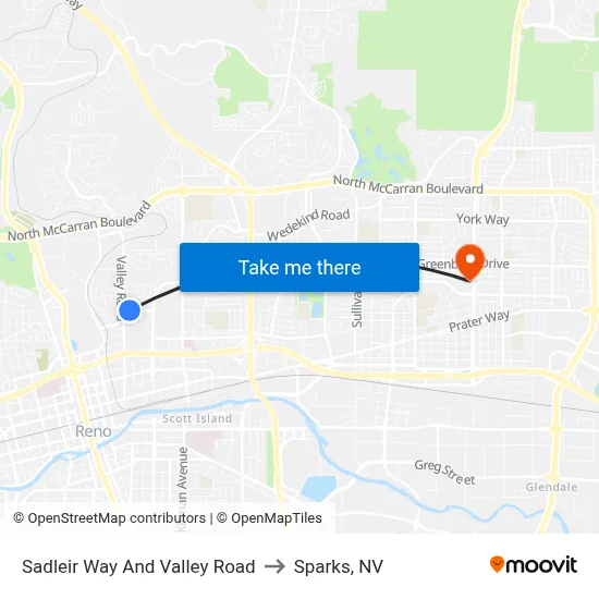 Sadleir Way And Valley Road to Sparks, NV map