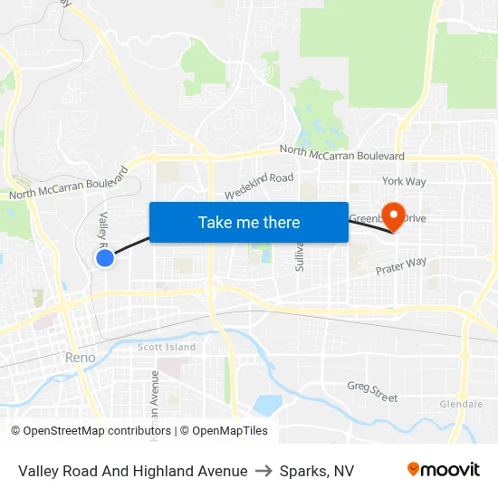 Valley Road And Highland Avenue to Sparks, NV map