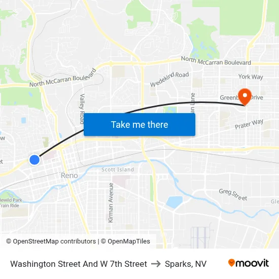 Washington Street And W 7th Street to Sparks, NV map