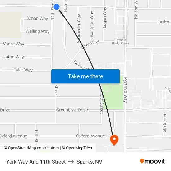 York Way And 11th Street to Sparks, NV map
